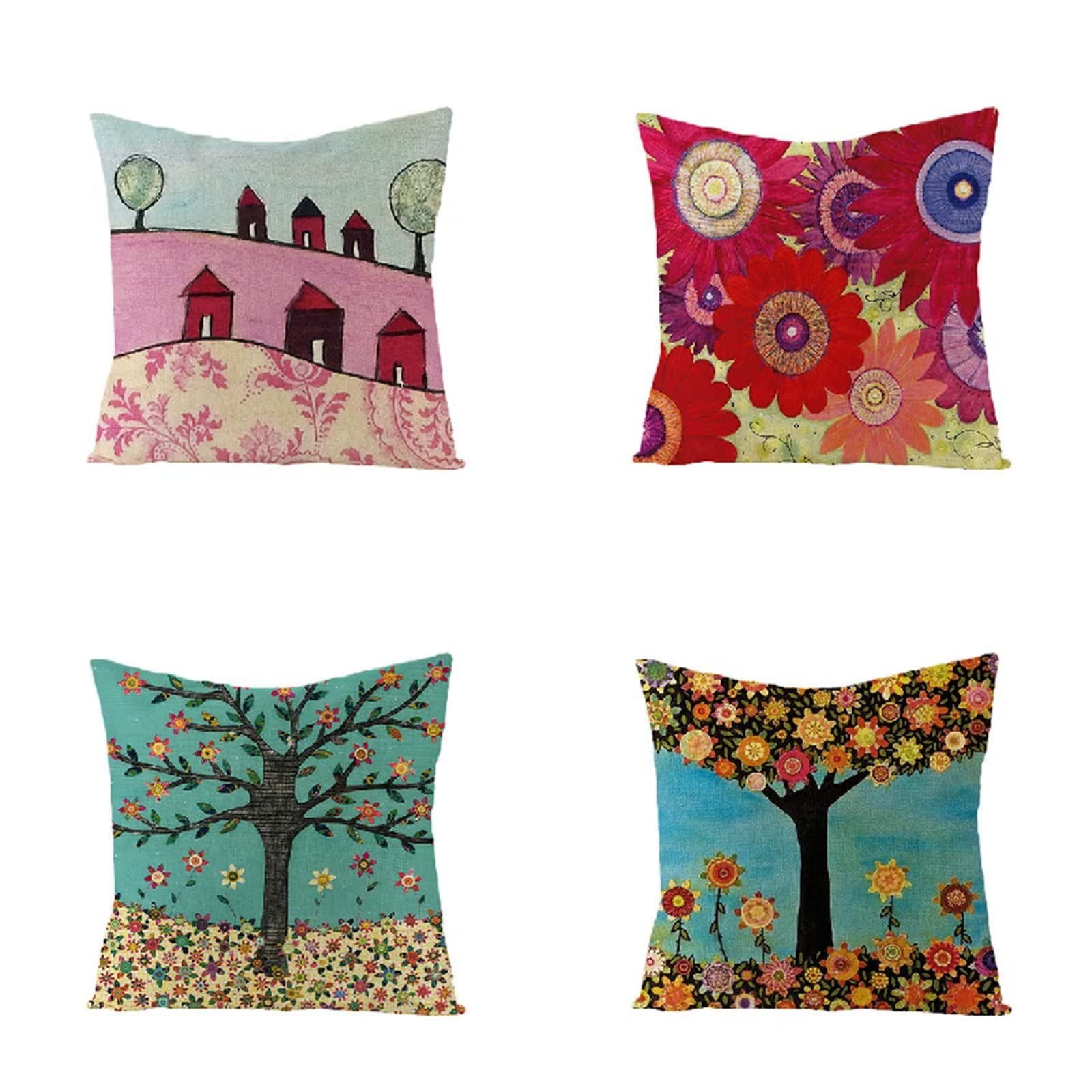 クッションカバー55x55cm,スクエア両面リネン スペースクッション 家庭用 オフィス 椅子 車内 ベッド インテリア 装飾 飾りピンクハウス4枚セット Z1-112